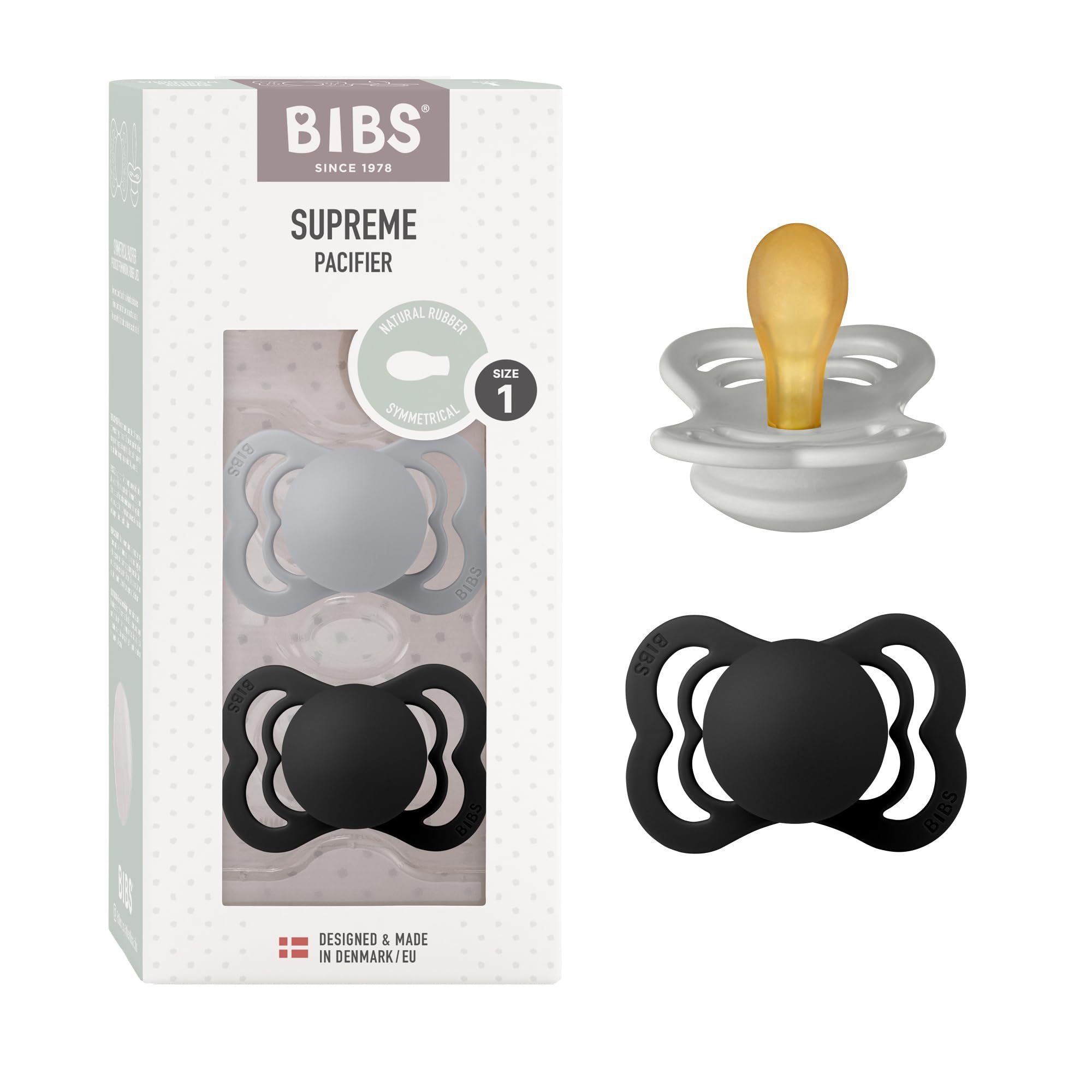 BIBS Supreme Soother 2-Pack, BPA Free Dummy Pacifier, Symmetrical Nipple. Natural Rubber Latex, Size 1 (0-6 Months), Cloud/Black