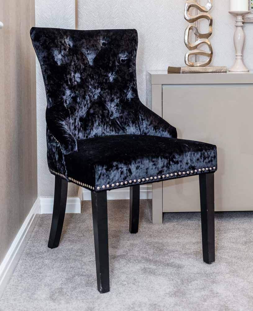 Pair Of Black Crushed Velvet Dining Chairs Back Ring Knocker Chrome Studs Dining Chairs Dining Room Furniture Umoonproductions Com
