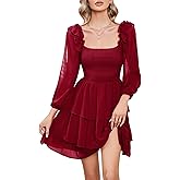 Byinns Women's Smocked Ruffle Mini Dress Square Neck Long Sleeve Party Dress Cute Cottagecore Wedding Guest Dress 2026 Trendy