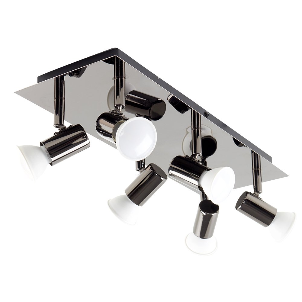 MiniSun | Modern Rectangular Black Chrome 6 Way Adjustable GU10 Ceiling Spotlight | Ceiling Lights & Home Improvements Essential | Mains Wired