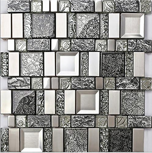 2017NEW! Gray Resin Glass Stainless Steel Blends Tile Modern Design Fireplace Kitchen Backsplash Wall Tiles,Vintage Mosaic Home Building Sticker- LSRN13 (PACK OF 11 SHEETS)