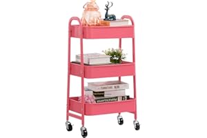 AGTEK Makeup Cart, Movable Rolling Organizer Cart, 3 Tier Metal Utility Cart with Lockable Wheels for Home & Office, Dragon Fruit