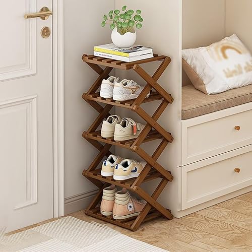 Vertical Shoe Rack Folding 5 Tier, Narrow Shoe Storage Rack, Bamboo Shoe Shelf, Tall Shoe Stand, Without Installation, Shoes Racks Small for Corridors, Entrance and Small Spaces, Brown