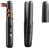 Cordless Hair Straightener Curler 2 in 1 Ceramic Flat Iron Mini Portable Fast Heating 30s 4500mAh Battery 4 Temp Adjustments LCD Display USB Rechargeable for Women Men with Pouch (Black)