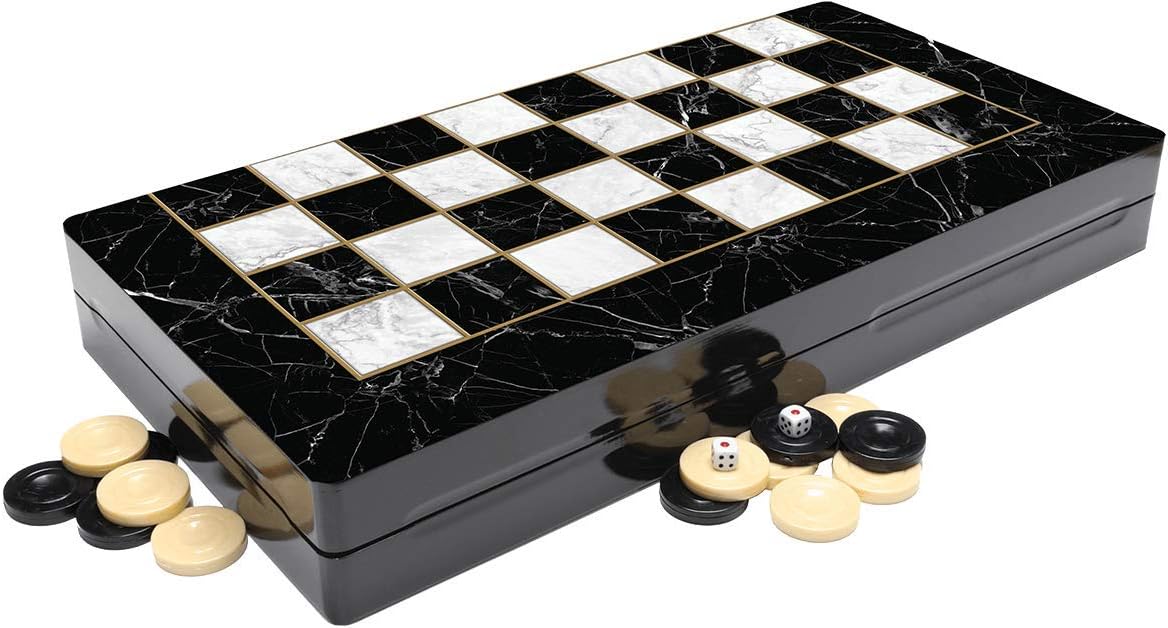 ChessgammonBACKGAMMON CHECKERS DRAUGHTS SET LARGE WOODEN FOLDABLE STORAGE TRAVEL HOLIDAY ADULT KIDS FAMILY TRADITIONAL BOARD GAME BLACK AND WHITE DESIGN WITH DOUBLING DICES
