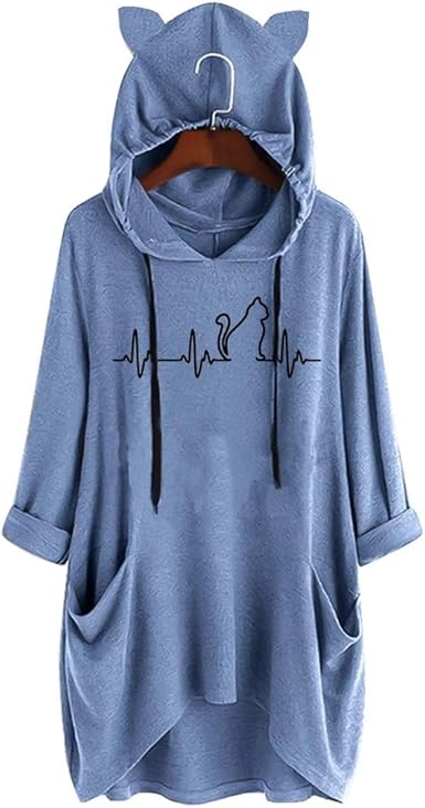 Dayplay Women Print Cat Ear Hooded Shirt Long Sleeve Pocket