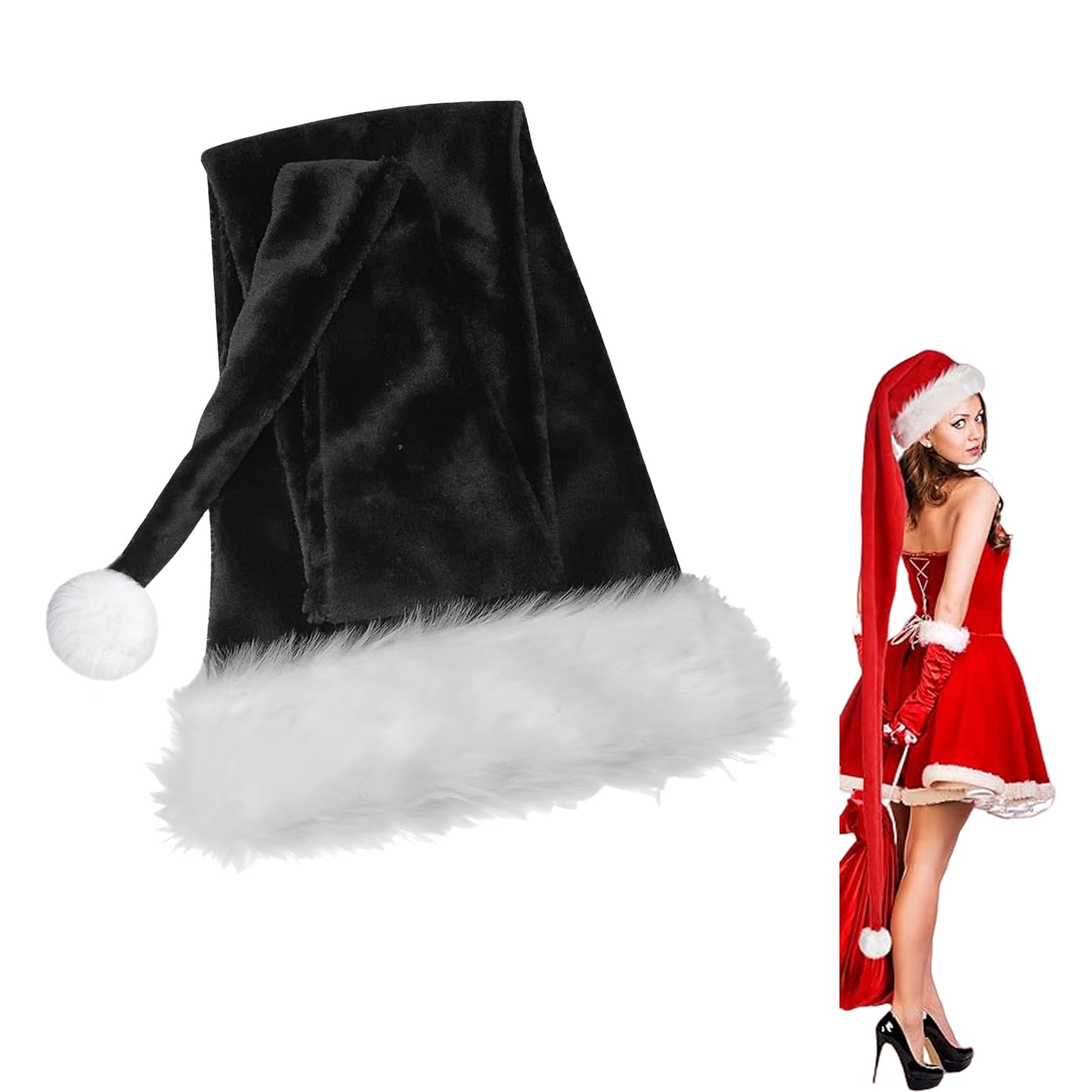 Extra Long Black Santa Hat - 30 * 150cm for Kids & Adults, Classic Plush Velvet Santa Claus Hat for Christmas & New Year Party