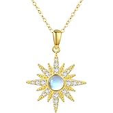 YEESIA Starburst Necklace 925 Sterling Silver Opal/Moonstone/Birthstone Pendant Star Gold Plated Sunburst Birth Stone Jewelry Mothers Day Necklace for Women Mom Daughter Sister