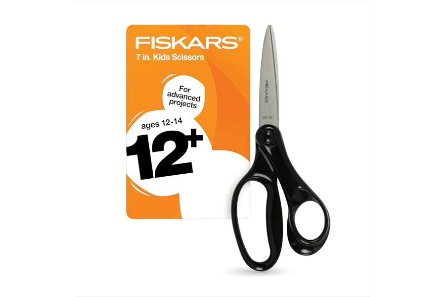 Fiskars 7" Student Scissors for Kids Ages 12-14, School & Crafting, Black | Scissors with Precise Blades for School or Crafti