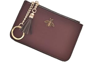 AnnabelZ Coin Purse Change Wallet Pouch Leather Card Holder with Key Chain Tassel Zip(Burgundy)