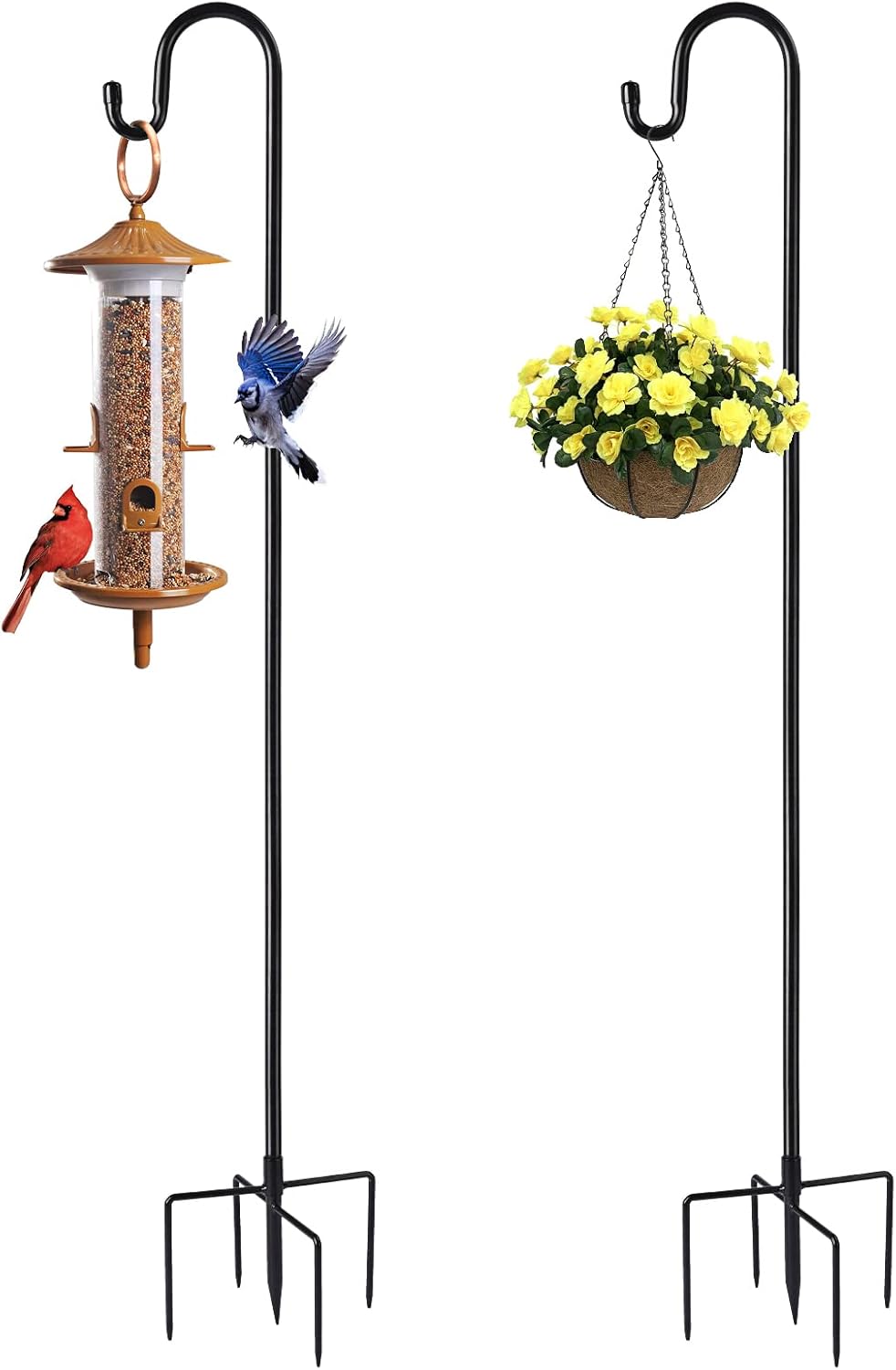 Outdoor Shepherd's Hooks - Whonline 76 Inches Shepherds Hooks for Outdoor (2 Pack), 6ft Bird Feeder Pole with 5-Prong Bases, Heavy Duty Shepherds Hook for Hanging Plant Baskets, Lanterns, Outdoor Solar Lights Weddings Decor