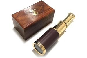 ARTIZANSTORE Brass Handheld Telescope, Functional Vintage Replica Telescope, Pirate Navigation with Anchor Wooden Box (Brown Leather), Portable Collapsible Marine Spyglass Collectible Décor, 6”