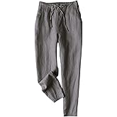 IXIMO Women's Tapered Pants 100% Linen Drawstring Back Elastic Waist Ankle Length Pants