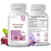 UXOEJIK Saffron Supplements with Organic Beet Root & Ashwagandha - 100mg Saffron Extract for Mood Support, Energy & Focus - Pure Saffron Capsules, Vegan, Non-GMO, 120 Count (Brown)