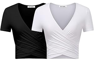 VETIOR Women's Sexy Deep V Neck Short Sleeve Unique Slim Fit Cross Wrap Shirts Crop Tops Going Out Tops