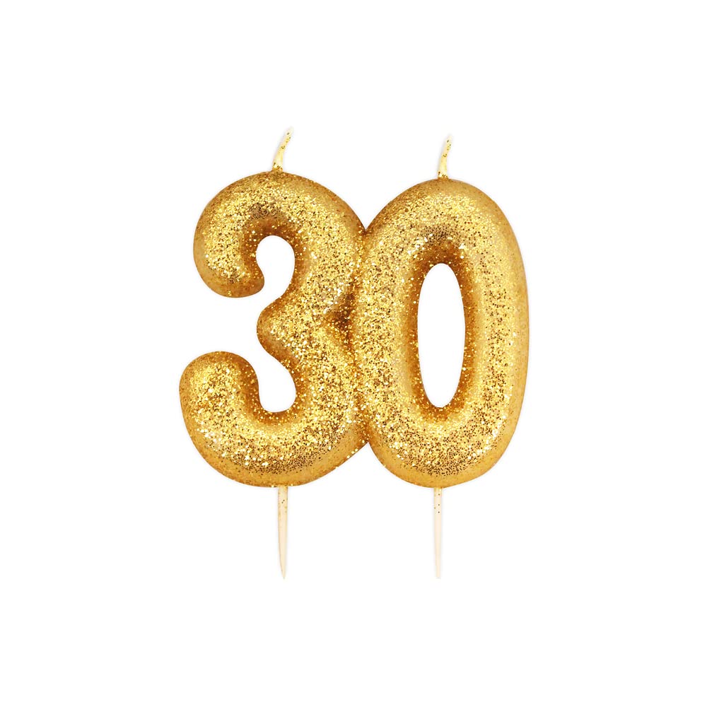 Anniversary House Elegant Gold Glitter 30th Birthday Candle - Premium Wax Number 30 Cake Topper for Anniversary, Party Decor & Milestone Celebrations - Shiny Metallic Sparkle Finish, 7cm Large
