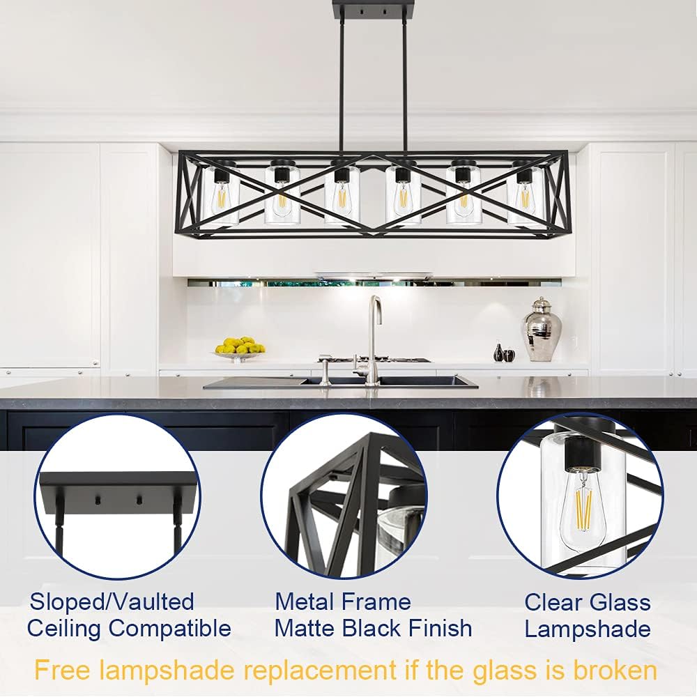 TODOLUZ 6-Lights Farmhouse Chandelier Black Dining Room Light Fixtures, 45.28" Contemporary Rectangle Kitchen Island Lighting with Clear Glass Shade: Home Improvement