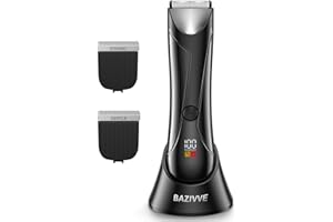 BAZIVVE Pubic Hair Trimmer for Men, Manscape Groin Trimmer for Men, Body Shavers for Man, Waterproof Body Hair Clippers for Men with Replaceable Ceramic Blade Heads, Power LED Display & USB Recharge Dock