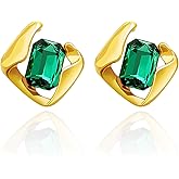 Emerald Earrings for Women, Formal Green Gemstone Large Studs, May Birthstone, Gift for Mom Wife Her by Febsky