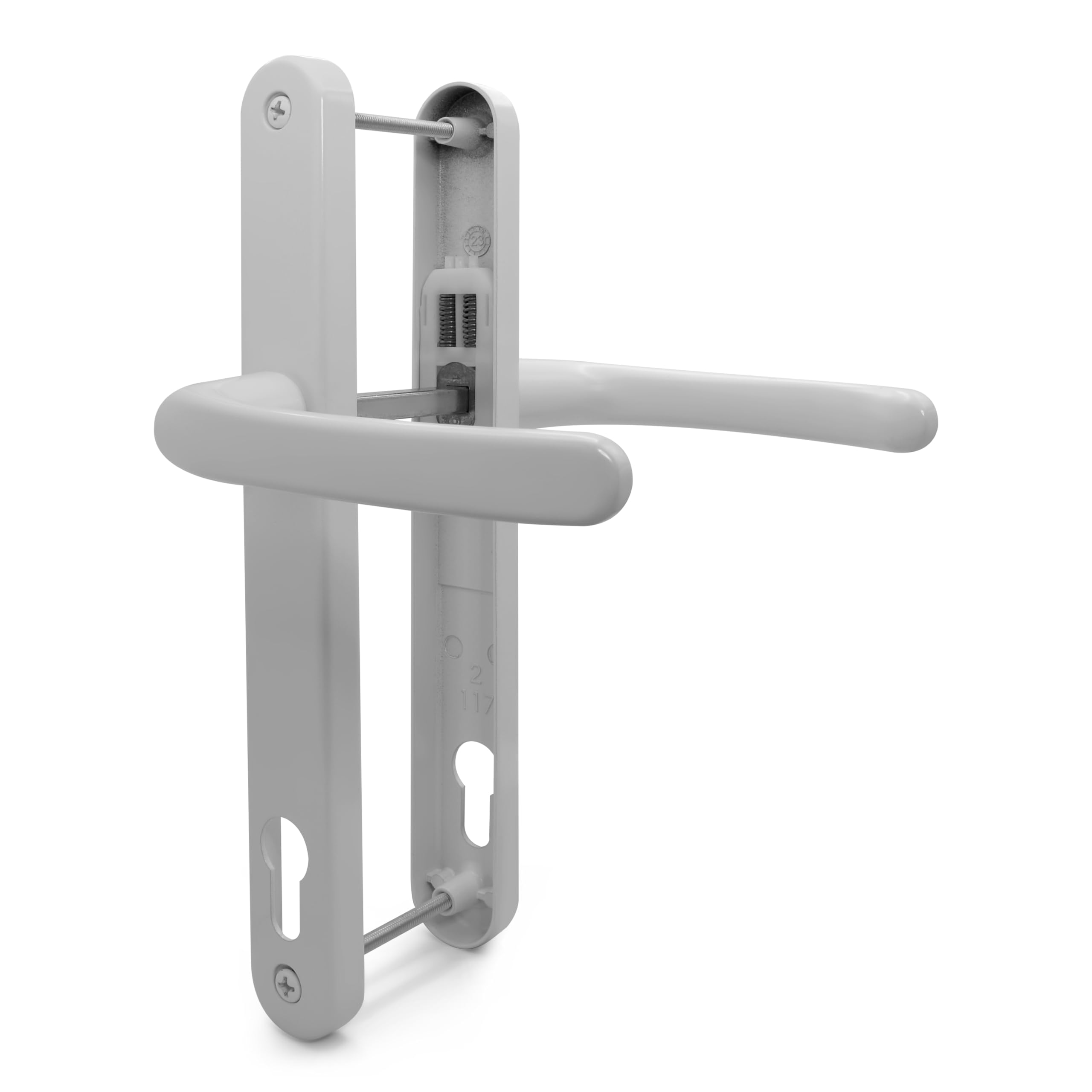 TSS White UPVC Door Handle Pair Set, 117mm PZ (Centres), Sprung, Lever Lever, 237mm Screw to Screw (Screw centres), Backplate 267mm x 32mm - Replacement PVC Door Handle in White, Suits Millenco 117mm