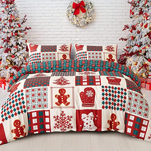 Photo 1 of Dobuyly Christmas Duvet Cover Set King Christmas Tree Snowflake Bell Pattern Patchwork Bedding Set Reversible Red Green Plaid Xmas Comforter Cover with 2 Pillowcases