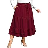 LassDazz Women's Plus Size Midi Skirt Ruffle Tiered Skirts Midi Length Casual Flowy A Line Fall Skirt with Pockets