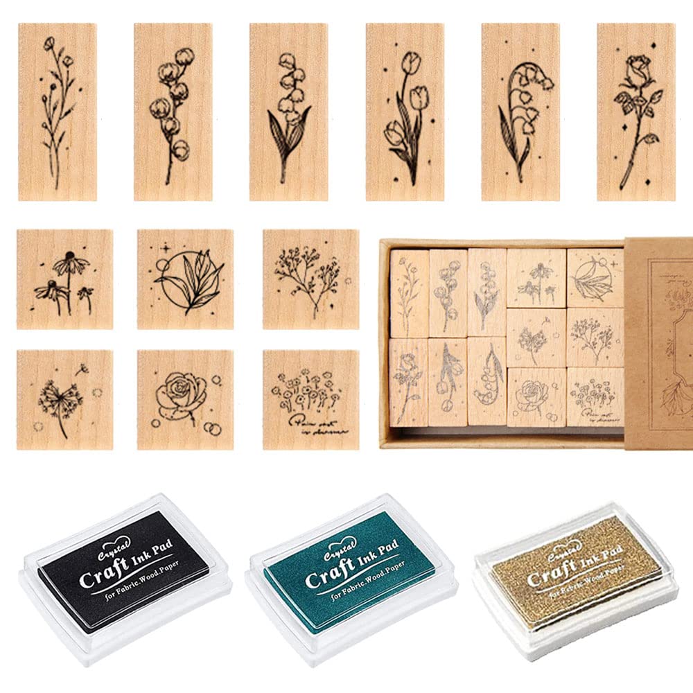 Rebanky 12 pcs Vintage Wooden Rubber Stamps Wooden Rubber Stamp Set Plant and Flower Decorative Wood Rubber Stamps with 3 Color Ink Pad for Card Making DIY Craft Scrapbooking