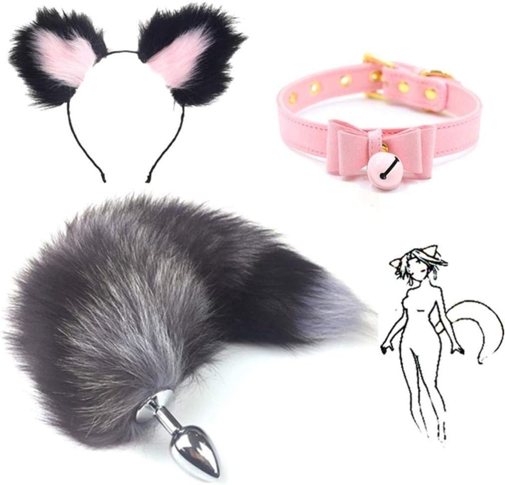 Jjek Cos- Collar, Grey Fluffy B-ütt P-l-ǔ-g Fox Tail Plush and Multicolor cat Ears Anime Set for Women Glamour Female Masquerade Props 3pcs Set (Color : Black+Pink 2, Size : M)
