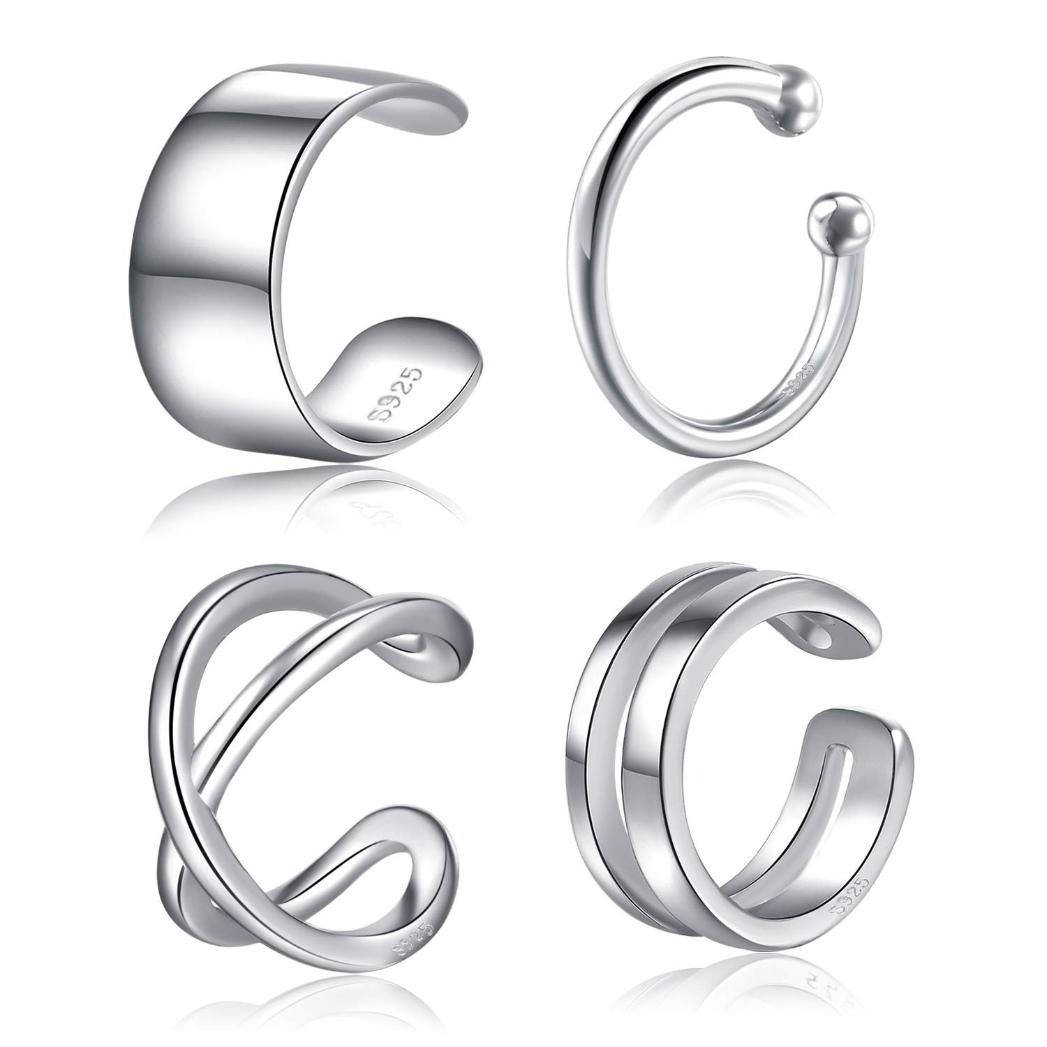 Ear Cuffs 925 Sterling Silver Fake Ear Cuffs Non Piercing Ear Conch Clip on Cartilage Earrings for Women Men | 4 Various Styles