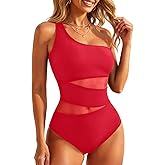 Tempt Me Women One Shoulder One Piece Swimsuits Full Coverage Cutout Mesh Sexy Bathing Suits Tummy Control Swimwear