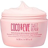 Coco & Eve Sweet Repair Repairing and Restoring Hair Mask. 85% stronger hair, reduce hair damage by 65%. Biomimetic Ceramides, Hyaluronic Acid, Vegan Keratin. Increase Hydration & Shine.