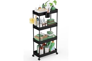 LEHOM Slim Rolling Storage Cart - 4 Tiers Bathroom Organizer Utility Cart Slide Out Storage Shelves Mobile Shelving Unit for Kitchen, Bedroom, Office, Laundry Room, Small Narrow Spaces Black
