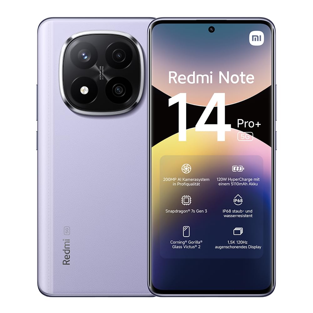 XIAOMI Redmi Note 14 Pro+ 5G Smartphone, 8 + 256GB, Purple, 200MP professionelle AI-Kamera, IP68, 120W HyperCharge, AI-Funktionen (kein Ladegerät enthalten)