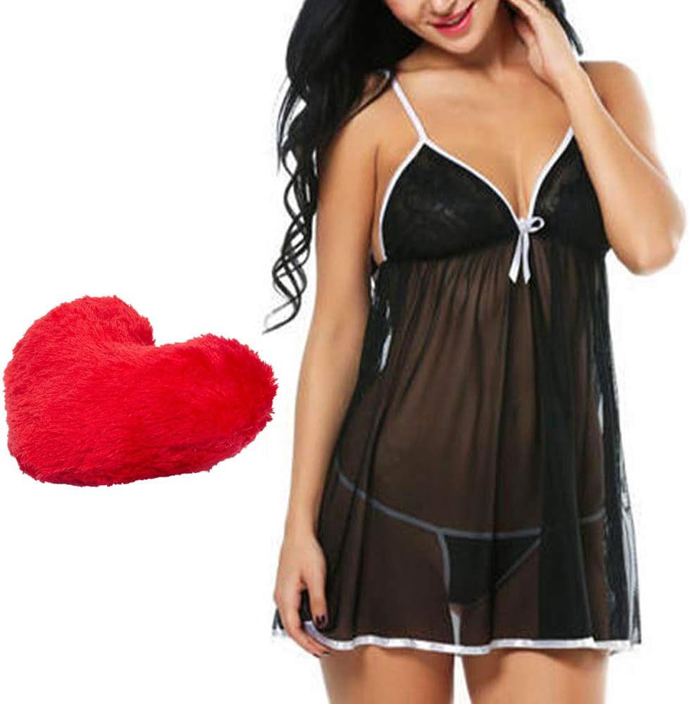 Combo Heart Pillow with Women Baby Doll Nightwear Lingerie with G-String Panty Gift Set for Wife (Free Size)