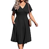 D.Q.RZhong Women's Plus Size V Neck Dress Short Ruffle Sleeve Casual Summer Waistline Tunic Midi Dress with Pockets