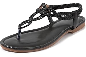 iCKER Women Rhinestone Sandals T-Strap Buckle Bohemian Pearl Crystal Flat Sandals