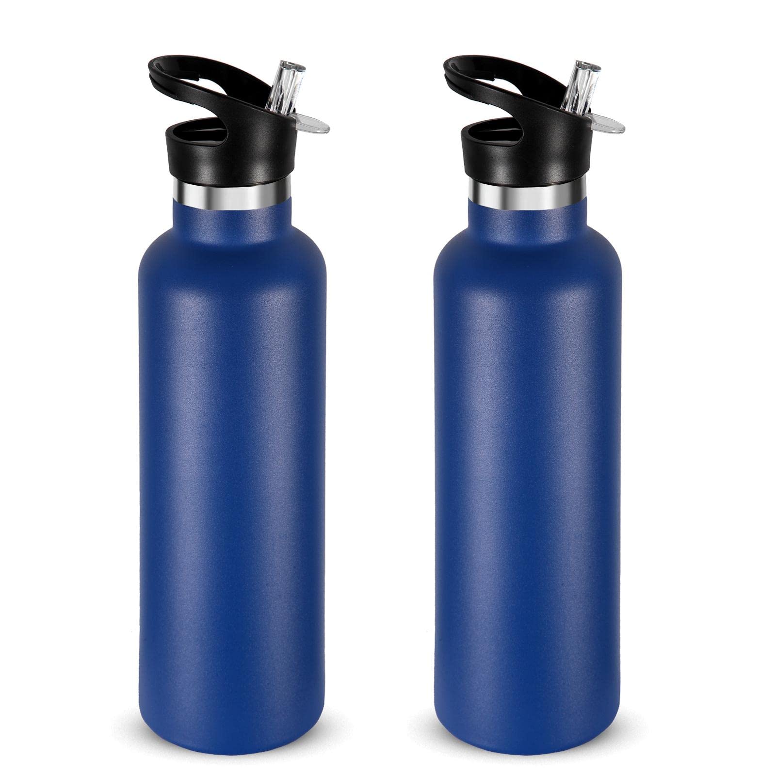 Volhoply 750ml Insulated Water Bottles Bulk 2 Pack,Stainless Steel Double Wall Sport Bottle with Straw Lid,Metal Reusable Cup with Hand Cap for School,Cyclists,Hikers,Gift (Navy, 2)