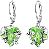 Rose Skull Earrings S925 Sterling Silver Heart Crystal Birthstone Dangle Drop Earrings Hypoallergenic Gothic Skull Leverback JJewelry Gift for Mom Daughter Wife