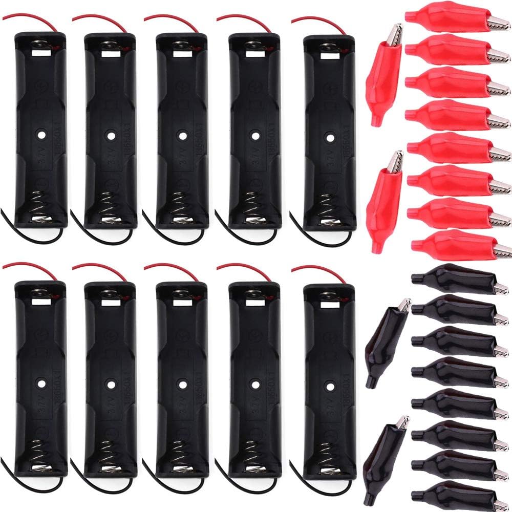 RUNCCI-YUN 10 pcs 18650 3.7V Plastic Battery Holder with Wire(Black)+10 pcs Metal Insulation Clip Battery Alligator Clip Clamps