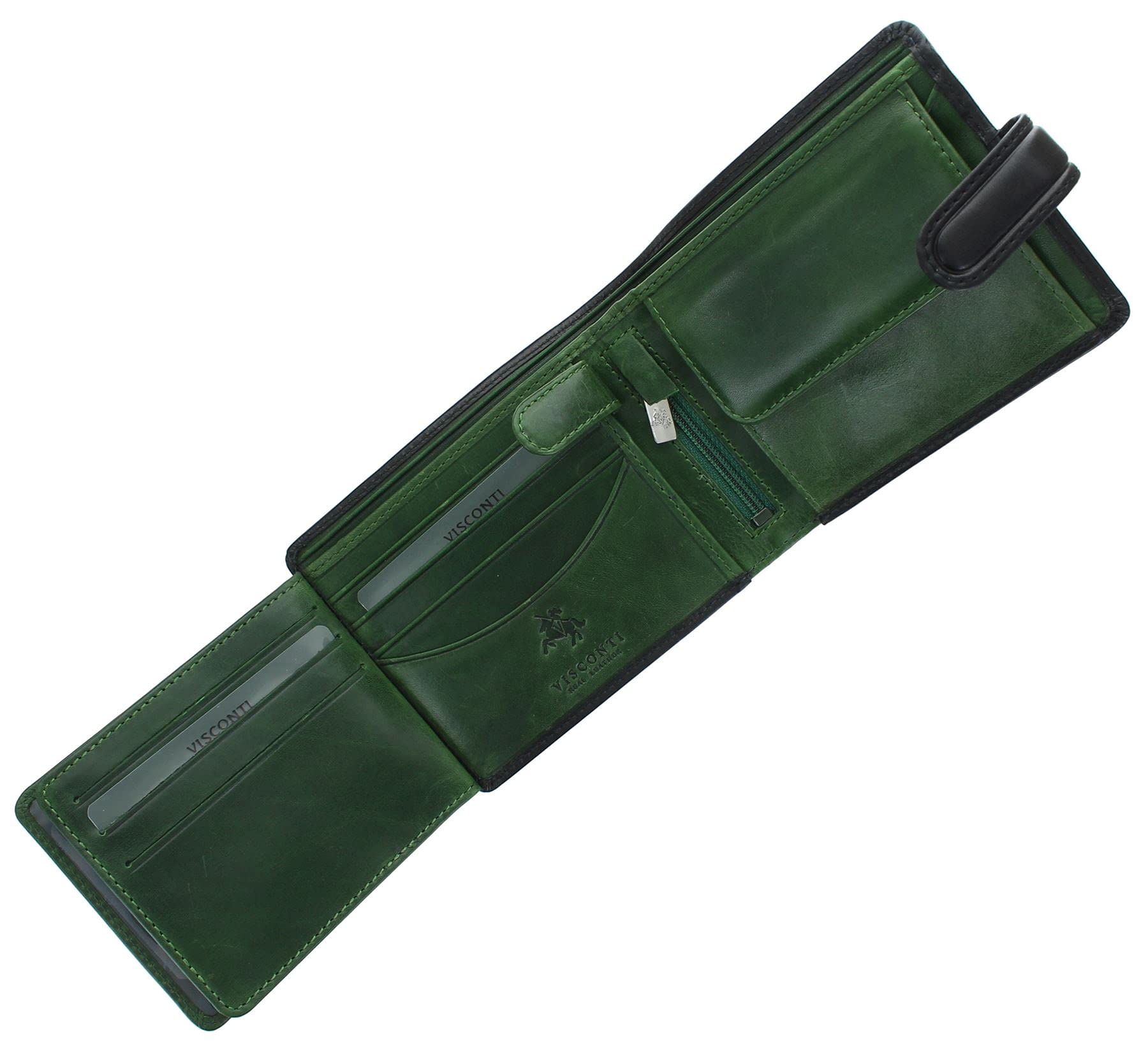 VISCONTI Torino Collection Atlantis Vegetable Tanned Leather Bi-Fold Wallet RFID Blocking TR35 Black/Green Hues