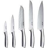 hecef Silver Kitchen knife set of 5, Satin Finish Blade with Hollow Handle, includes 8" Chef, 8" Bread, 8" Santoku, 5" Utility and 3.5" paring knife