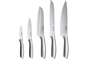 hecef Silver Kitchen Knife Set of 5, Satin Finish Blade with Hollow Handle, Includes 8" Chef, 8" Bread, 8" Santoku, 5" Utilit
