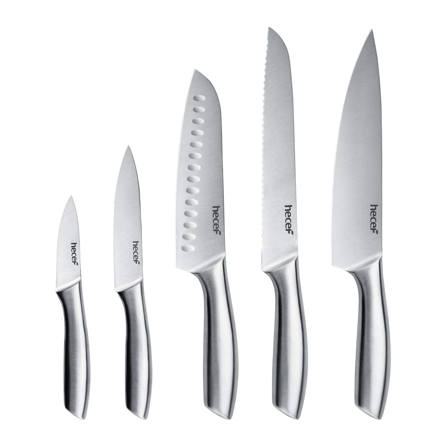 hecef Premium Kitchen Knife Set of 5, Satin Finish Blade with Hollow Handle, Includes 8" Chef, 8" Bread Knife,8" Santoku,5" Utility & 3.5" Paring Knife