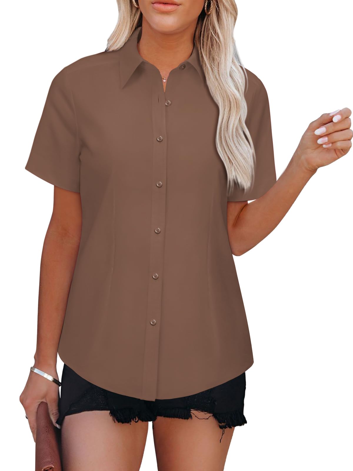 Womens Button Down Shirts Short Sleeve Fitted Button Up Dress Shirt ...