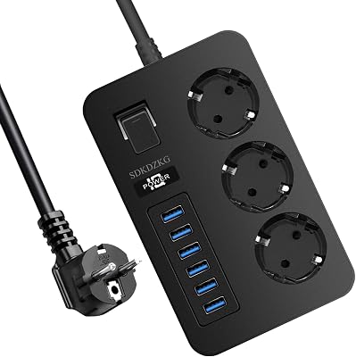 Multiprise 3 Prises Multiple (13A/3000W) avec Interrupteur Individuelles, 6 Ports de Charge USB (3.1A/5V),1.8m Adaptateur Secteur Les Câbles, Applicable à Bureaux Et Voyage en Maison (Noir)