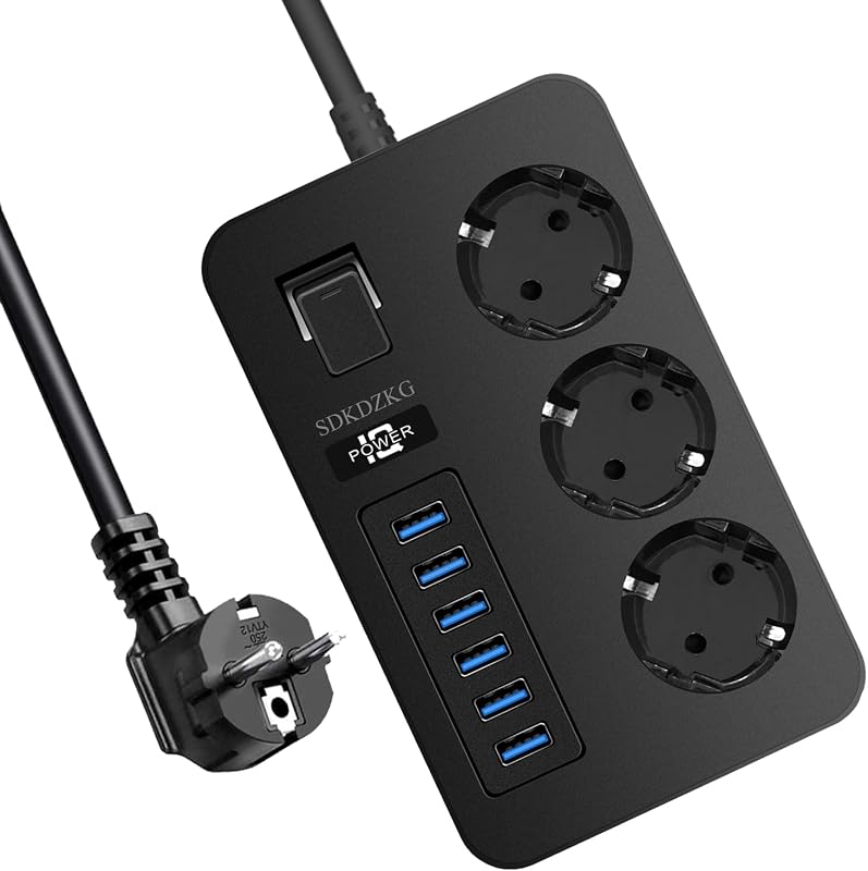 Multiprise 3 Prises Multiple (13A/3000W) avec Interrupteur Individuelles, 6 Ports de Charge USB (3.1A/5V),1.8m Adaptateur Secteur Les Câbles, Applicable à Bureaux Et Voyage en Maison (Noir)