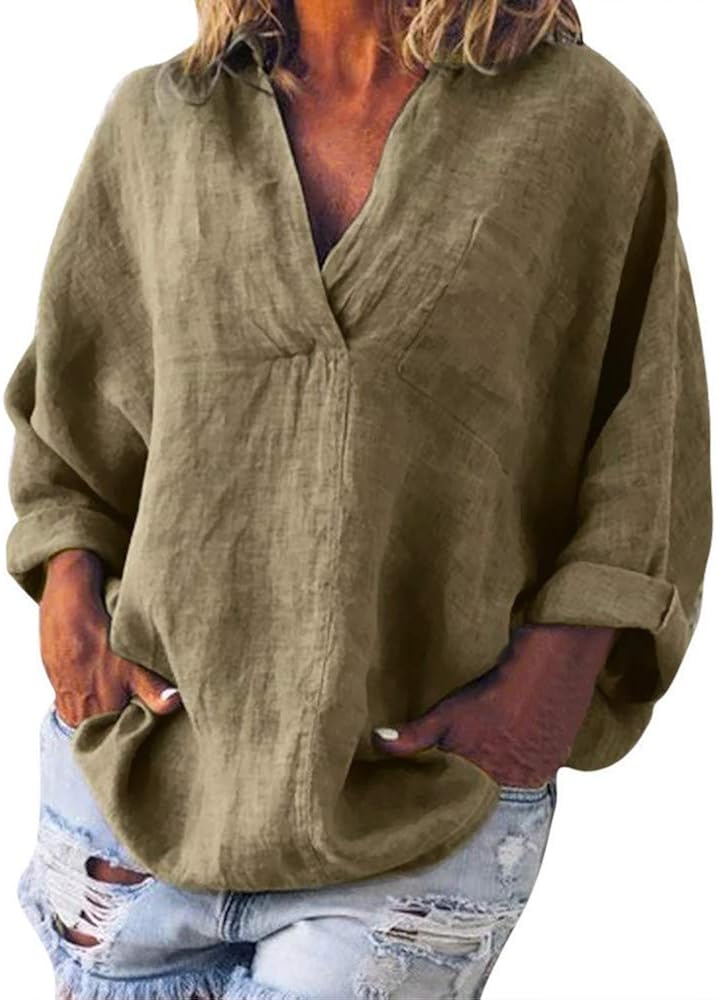 Aniywn Women V-Neck Linen Blouse T-Shirt Loose Solid Simple Pullover Top