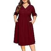 AMCLOS Womens Plus Size Dress V-Neck Elegant Cable Crossover Flowy 2 Pockets Roll up Long Sleeve Casual Party Maxi Dresses