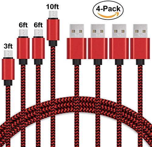 Micro USB Cable, 4-Pack 3ft / 6ft / 6ft / 10ft Nylon Braided Android Charger USB to Micro USB Charging Cable for Android, Sumsung, Nexus, LG, Sony, Xbox, PS4 and More By Trippix (Red)