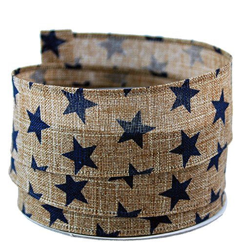 Star Print Linen Wired Ribbon, Blue #9 - 1.5in x 10yards